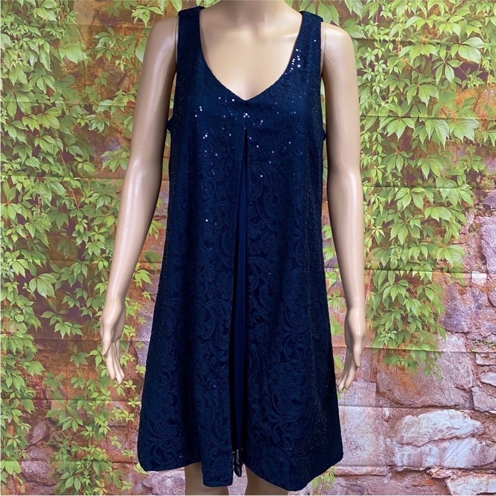 SLNY Navy Blue Sequined Sleeveless Shift Dress